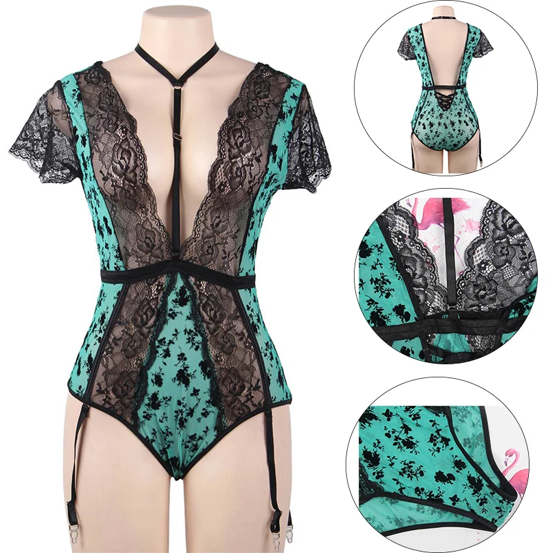 Сексуальные боди для сексуальных женщин, Wetlook, Кружевное колье, с открытой спиной, глубокий v-образный вырез, боди, костюм, белье размера плюс, с подвязками R80560