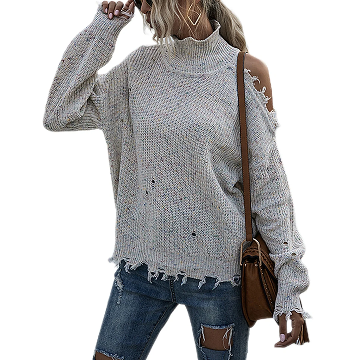 

New Autumn Women All-Match Knitted Sweater One-Shoulder And Long-Sleeved Turtleneck Design Sweater