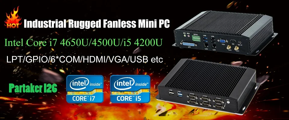 Причастником промышленного ПК безвентиляторный мини компьютер Intel i5 4200U i7 4500U 6* RS232/485 2* Intel Lans GPIO LPT HDMI VGA 8* USB WiFi 3g/4G