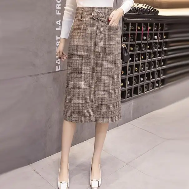 Длинные шерстяные теплые клетчатые юбки женские 2019 осень высокая талия плюс