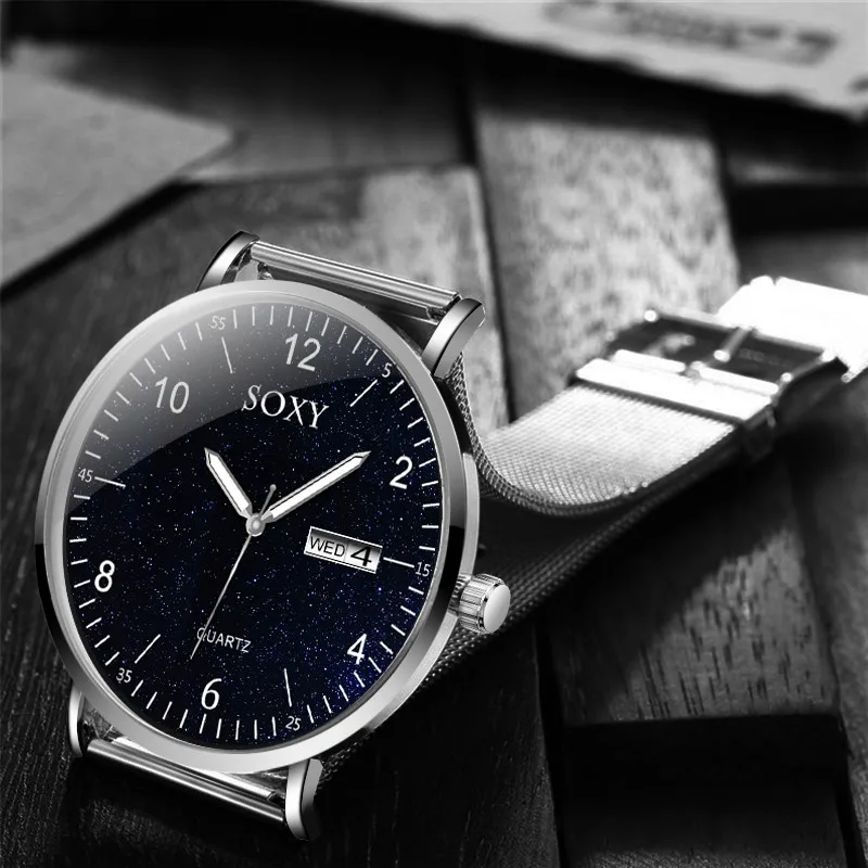 

Mesh Band Fashion Casual Men's Watch SOXY Brand Week Display Stainless Steel Wrist Watches Men Clock Quartz relogio masculino