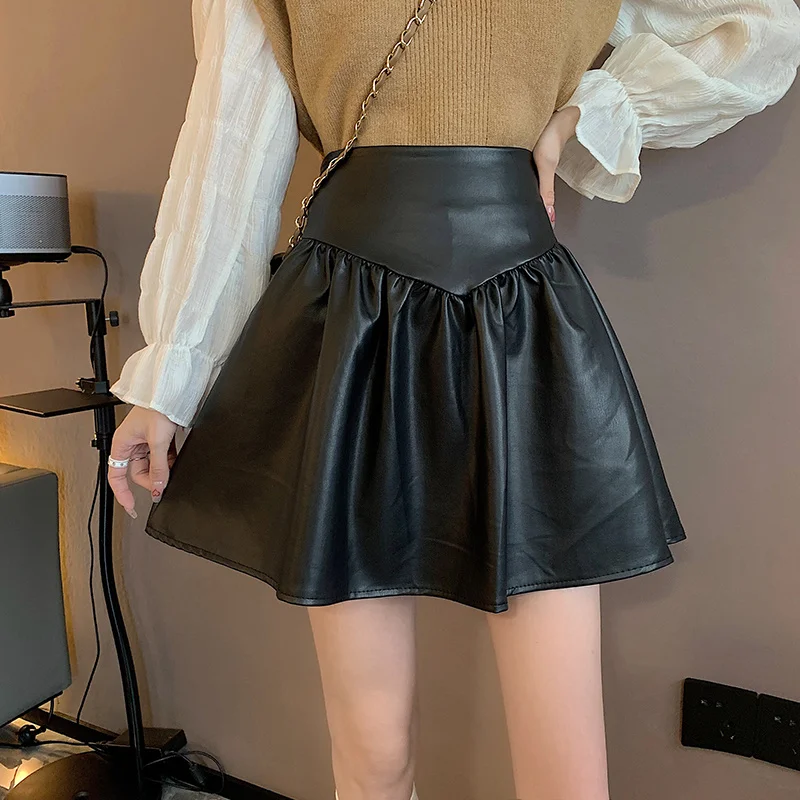 Leather Skirt Half Skirt Autumn and Winter 2021 New Women's High Waist Thin Pleated Skirt Versatile Temperament PU Leather Short