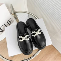 ladies muller shoes new round small leather shoes all match pearl sandals baotou lazy fashion thick soled non slip semi slippers