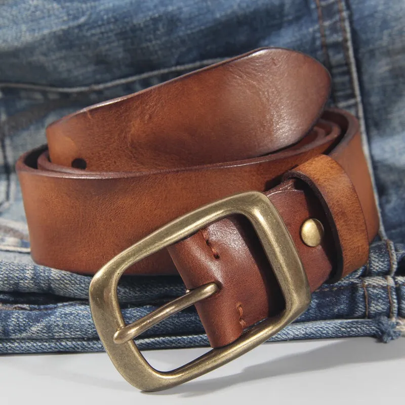 Cinturón de cuero de vaca hecho a mano para hombre, correa de lujo de cuero genuino con hebilla de cobre, estilo Retro, ancho, 100%