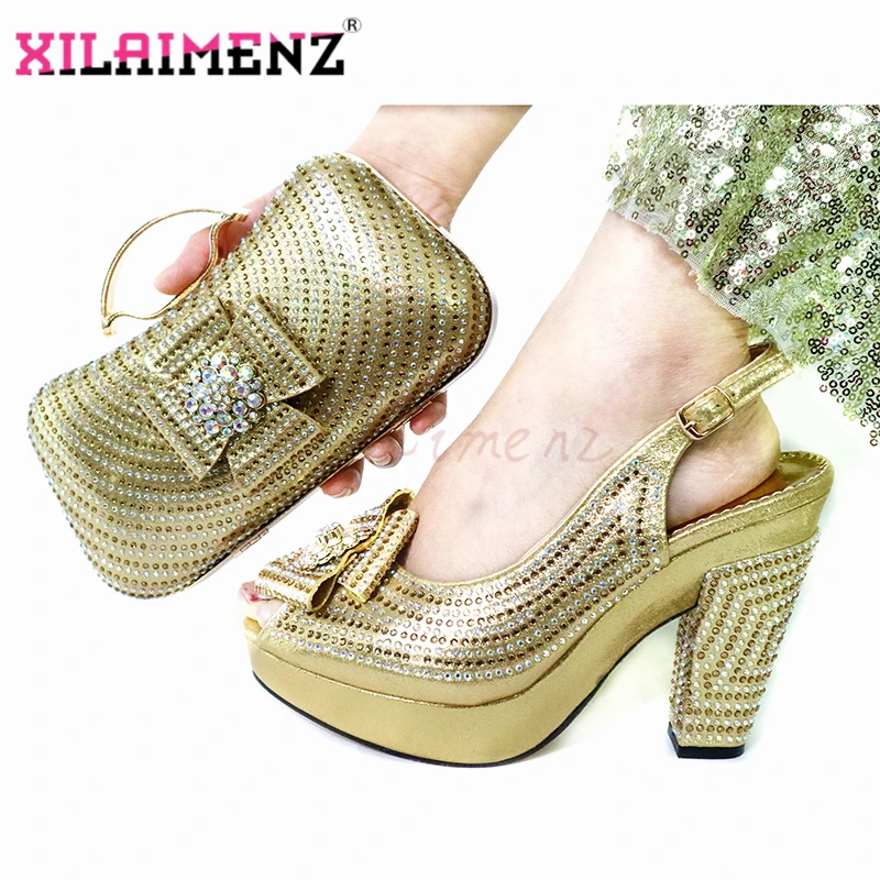 

Golden Color Special Arrival Nigerian Women Shoes Matching Bag for Party Retro Style Sexy Lady Shoes and Bag For Wedding