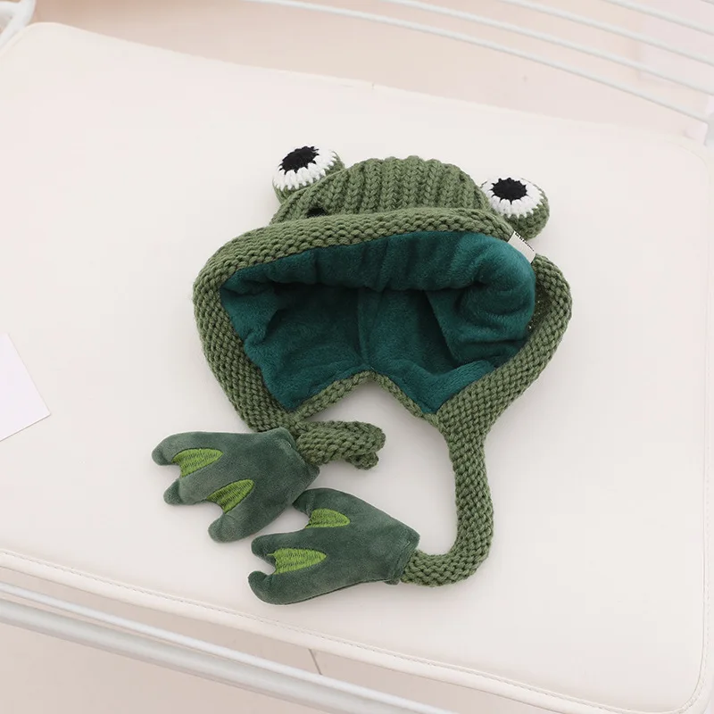 Мультяшная зимняя детская лягушка вышитая шапочка флисовая плотная шапка