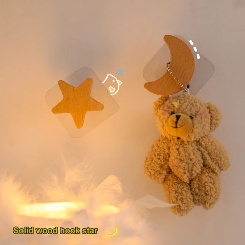 

4pcs 5.8x6cm Cartoon Star Moon Wall Mount Hooks Storage No Punching Wooden Decor For Kitchen Home Organizer Bathroom Accessories