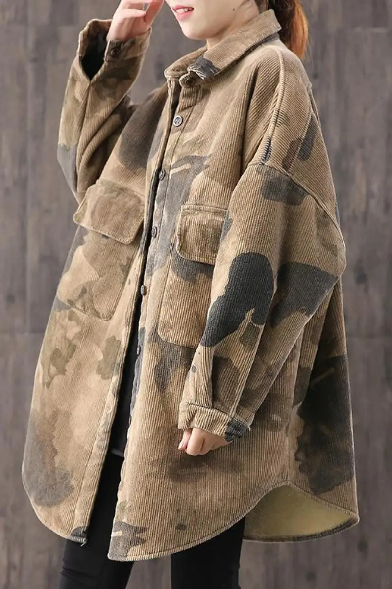 

2021 New Spring Autumn Plus Size Women Retro Camouflage Corduroy Jacket Loose Plus Velvet Thick Female Print Overcoat aq193