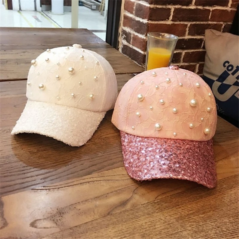 Summer Tourist Hat Plain Cotton Women Baseball Cap Snapback Hip Hop Caps Flowers Casual Pearl Sequins White Baseball Caps Hats