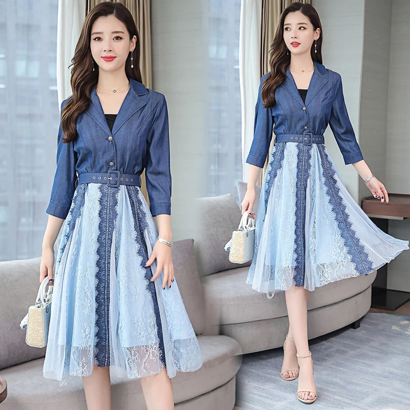 Женское джинсовое платье на весну и лето 2020 элегантное Сетчатое с v образным