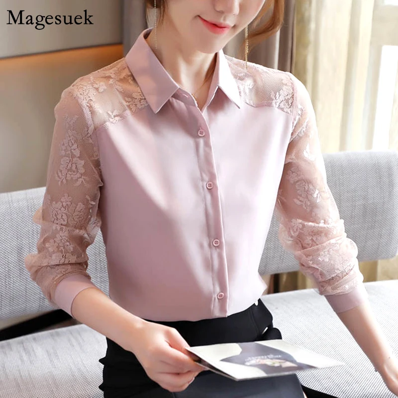 

Модная Корейская кружевная офисная шифоновая блузка, женский осенний кардиган 2021, рубашки с цветочным принтом, Женский Повседневный Розовы...