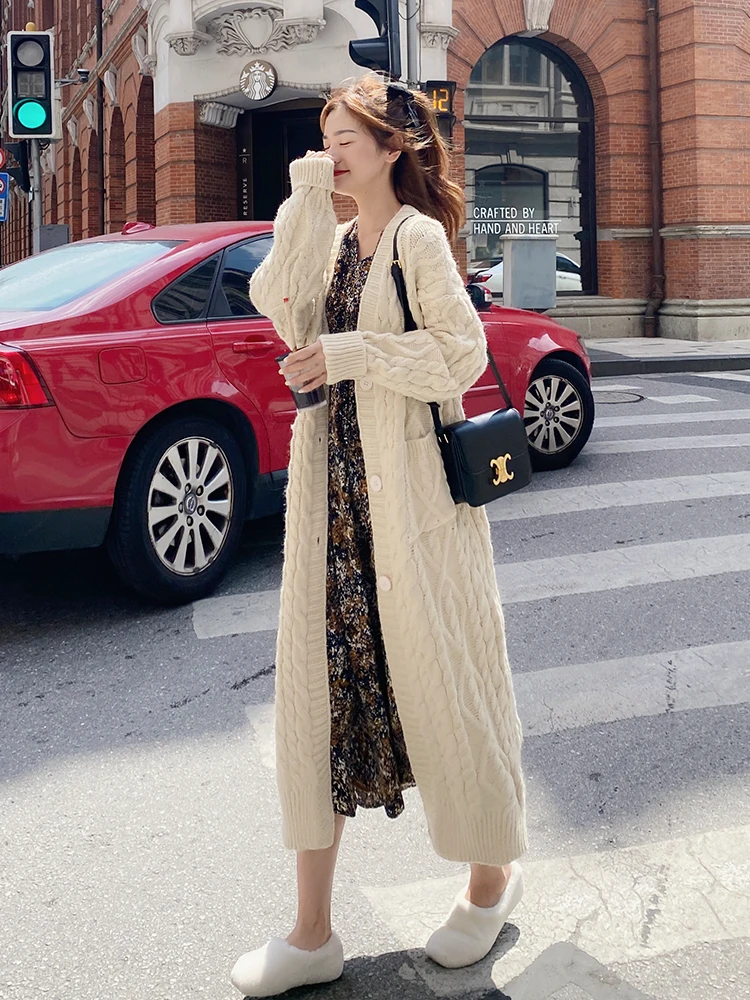 

Women's Sweaters With Pocket Fall Winter Long Slim Knitted Outerwear Female Twist Pattern Warm Sweater Cardigan