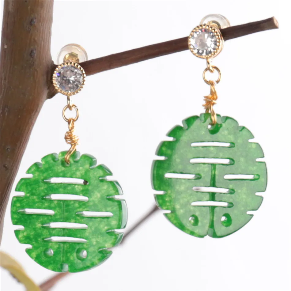 

Double Happiness Green jadeite Gemstone Earring 18KGP Dangle Party Gift Wedding Dangle Luxury Natural Classic Flawless Aurora