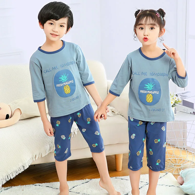 Фото Летний Пижамный комплект для мальчиков и девочек детская одежда костюмы