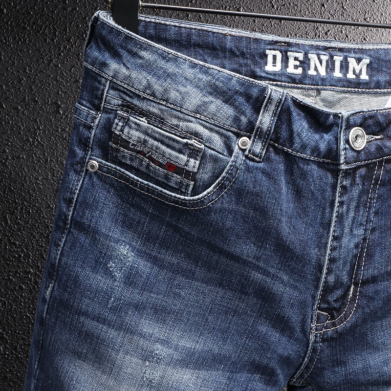 European Vintage Fashion Men Jeans Retro Blue Elastic Slim Fit Designer Jeans Men Italian Style Casual Plain Cotton Denim Pants