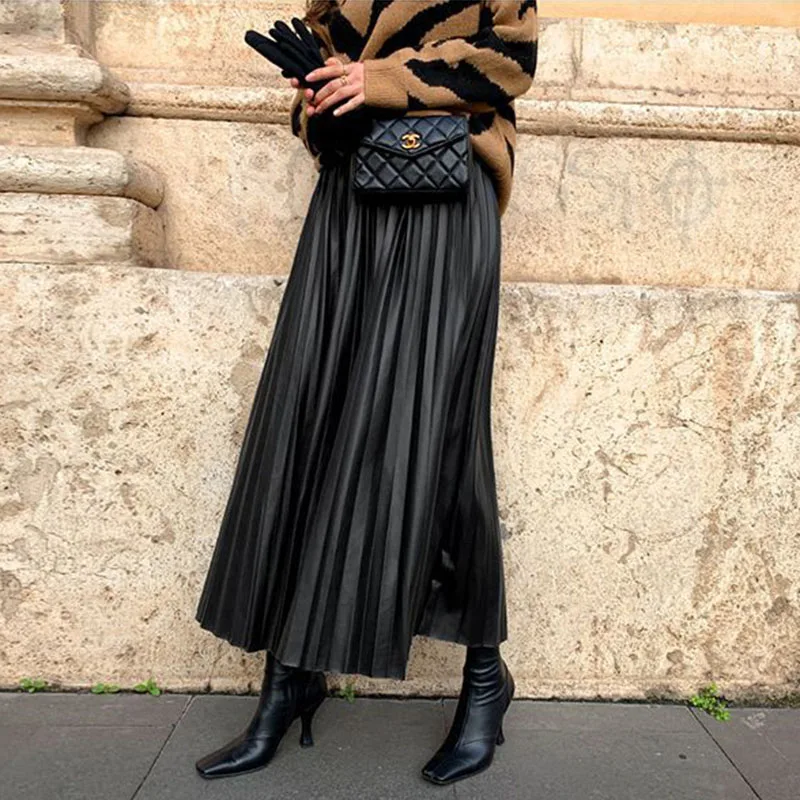 Женская Черная однотонная плиссированная юбка средней длины из искусственной