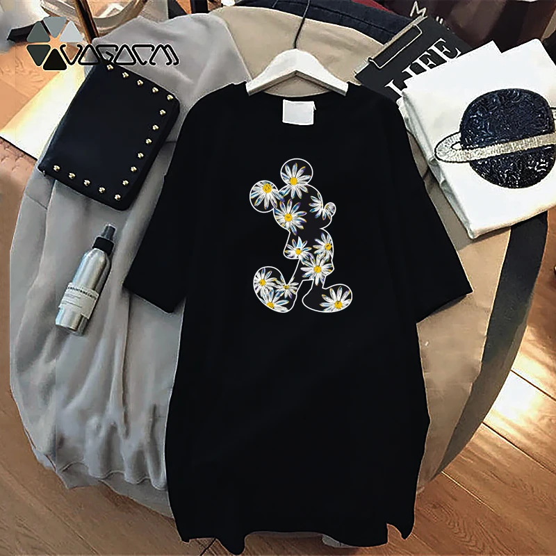

Mickey Mouse Mini Print Dresses Women T-Shirt Dress Harajuku Short Sleeve Vintage Casual Loose Party Summer Femme Streetwear