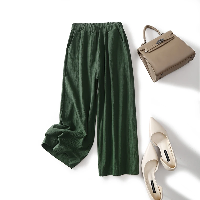 

Брюки из хлопка и льна с широкими штанинами, художественные облегающие повседневные штаны в стиле ретро с эластичным поясом, свободные подх...