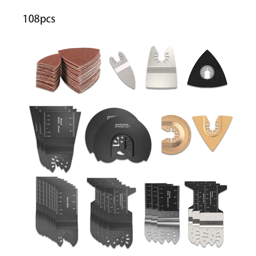 

108pcs Quick-Release HCS/Japan-Tooth/Bi-Metal Oscillating Tool Multi-Function Tool Saw Blades Cutting Renovator Trimmer Blades