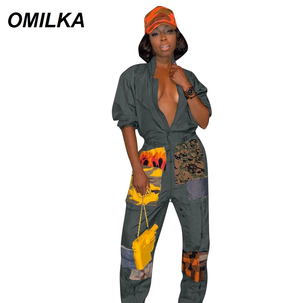 

OMILKA Hip Hop Rompers and Jumpsuits 2019 Autumn Women Long Sleeve Front Zipper Loose Patchwork Army Green Streetwear Overalls