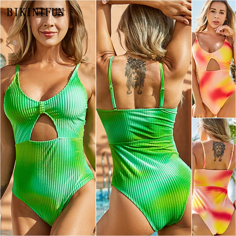 

New Sexy Gradient Color Monokini Women Scoop Neck Swimwear Front Keyhole Swimsuit S-L Ribbed One Piece Suit High Back Beachwear