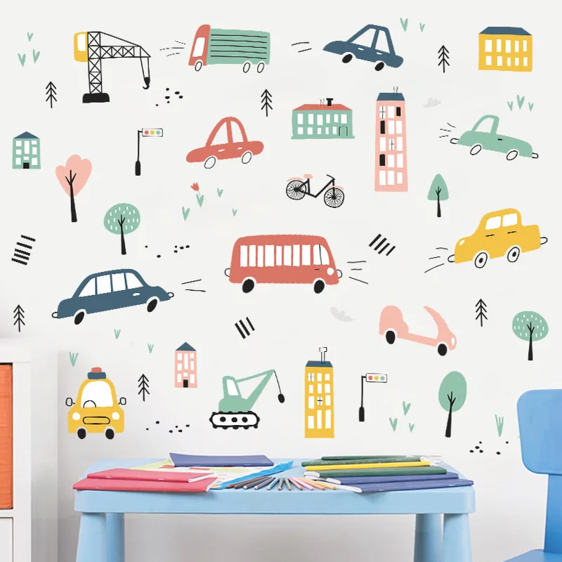 

Car building basketball Cartoon Kids Room Wall Srickers Eco Friendly Removable Wallpaper Self Adhesive Film Nursery Decoration