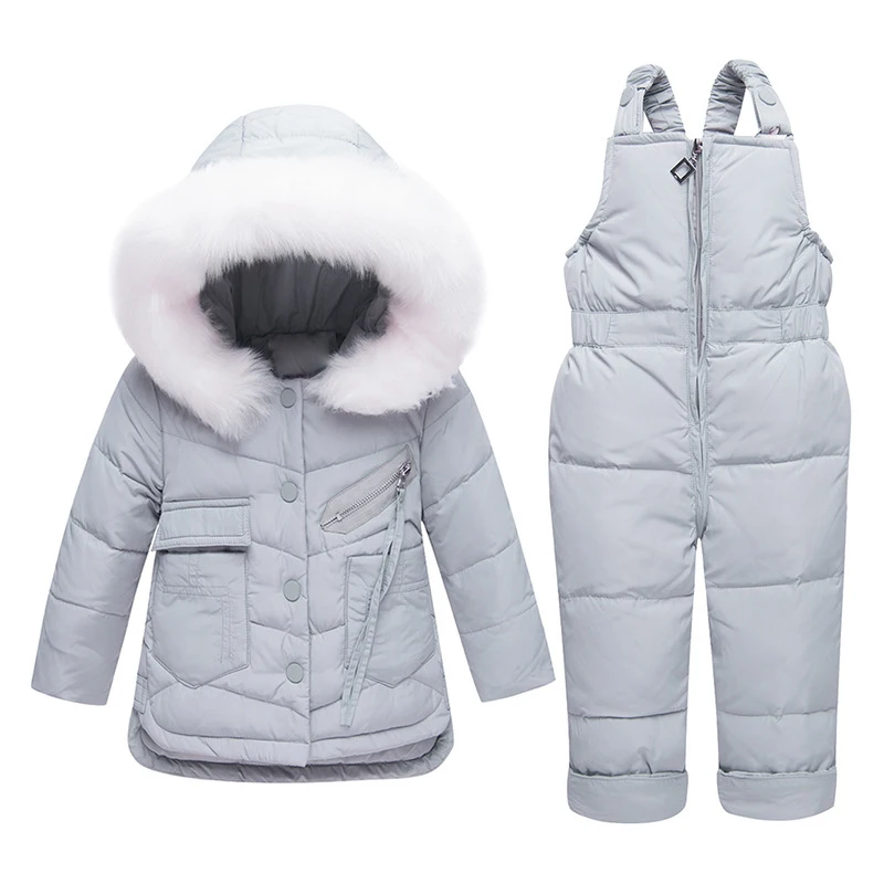 Gray Medium Long Down Jacket Set Children Warm Down Coat Boys Girls Thick Winter Clothing Kids Snowsuit Toddler New Year Clothing - Цвет: Gray
