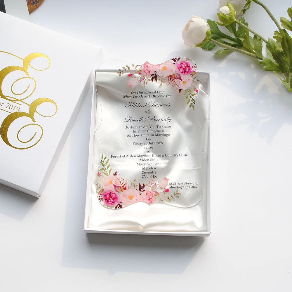 

10pcs newest transparent glass acrylic wedding invitation card gold and black words printing wedding favor invitations sample