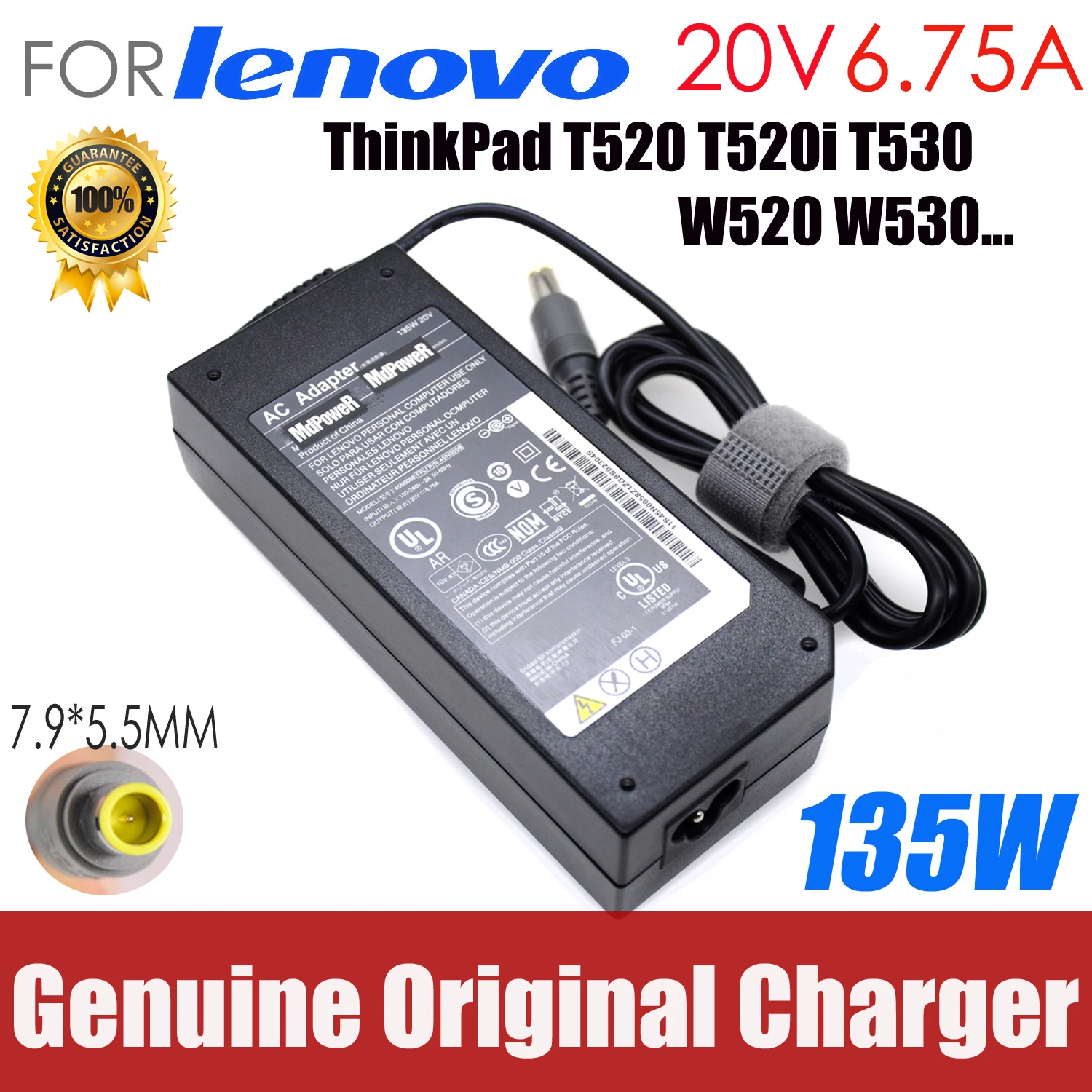 

Original 20V 6.75A 135W Laptop AC Adapter Charger FOR Lenovo ThinkPad T520 T520i T530 W520 W530 45N0058 45N0055 45N0059