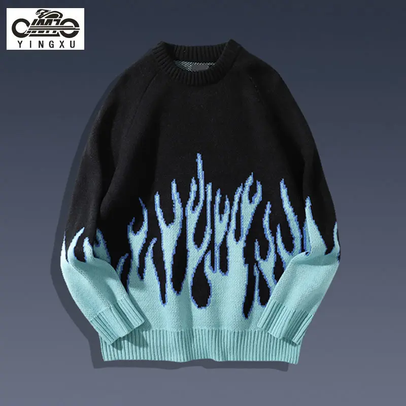 

Autumn and winter new national tide lazy wind loose sweater blue flame sweater men's European and American knitted sweater tide