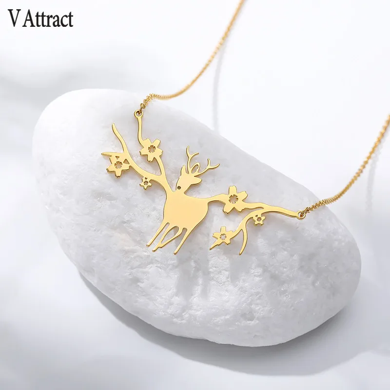 V Attract Christmas Necklaces Elk Deer Antlers Pendant Necklace Gift for Women Gold Clavicle Chain Jewelry Collier Femme | Украшения и