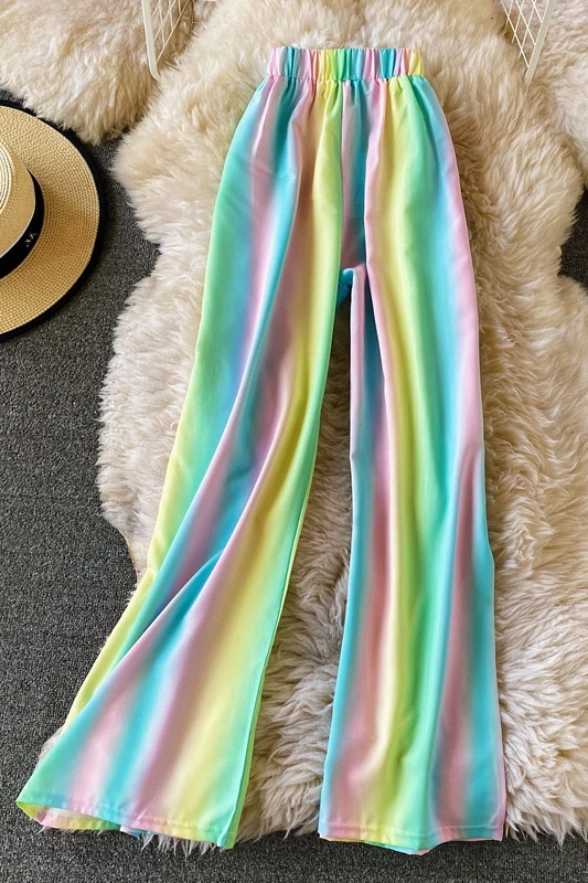 

Fashion Ice silk wide-leg pants women's pants high waist drape rainbow loose summer thin mopping casual straight Pants trousers