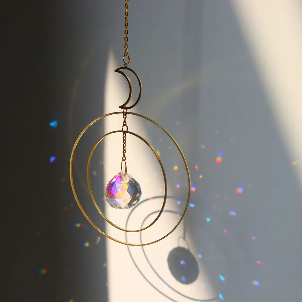 

Moon Ring Rainbow Crystal Pendant Suncatcher Hanging Prism Stone Beads Ornament Home Window Outdoor Garden Car Decoration