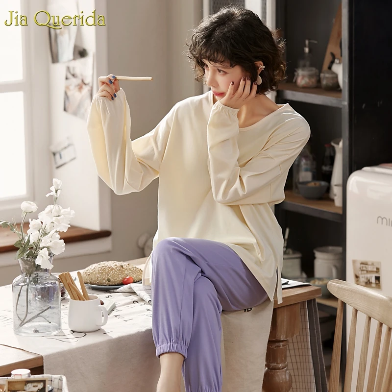 Новая Осенняя Пижама для женщин Хлопковая пижама с длинным рукавом голубой топ