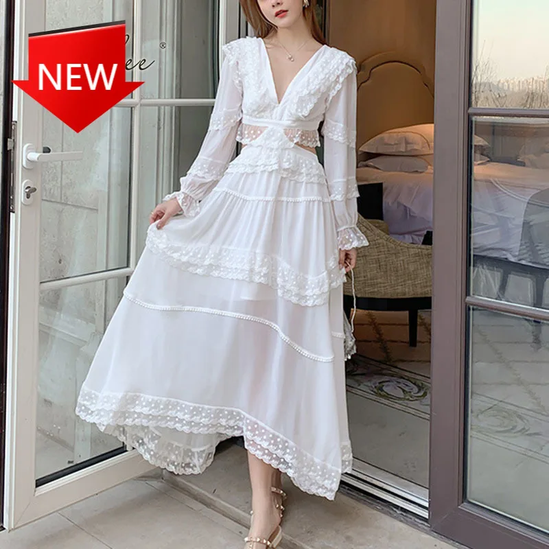 

Long Sleeve White Lace Sexy Lace Up Backless Ruffle Tunic Long Beach Dress Vocation 2021 Summer Women Maxi Party Dress