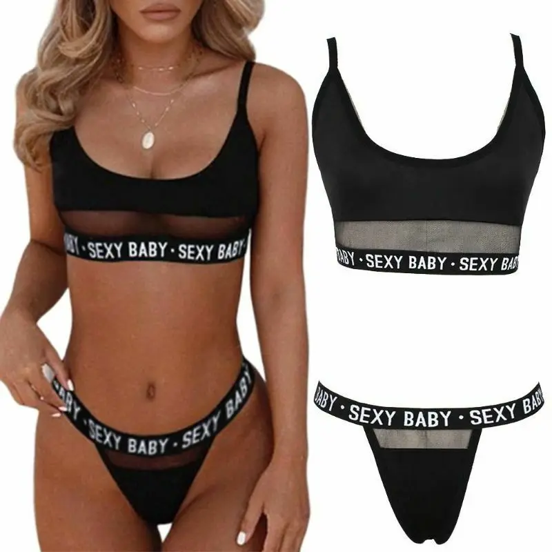 

Hollow Letter Solid Color Fashion Split Underwear Sexy Lingerie Sexy Charm Three-point Women's Perspective Bra Set Briefs