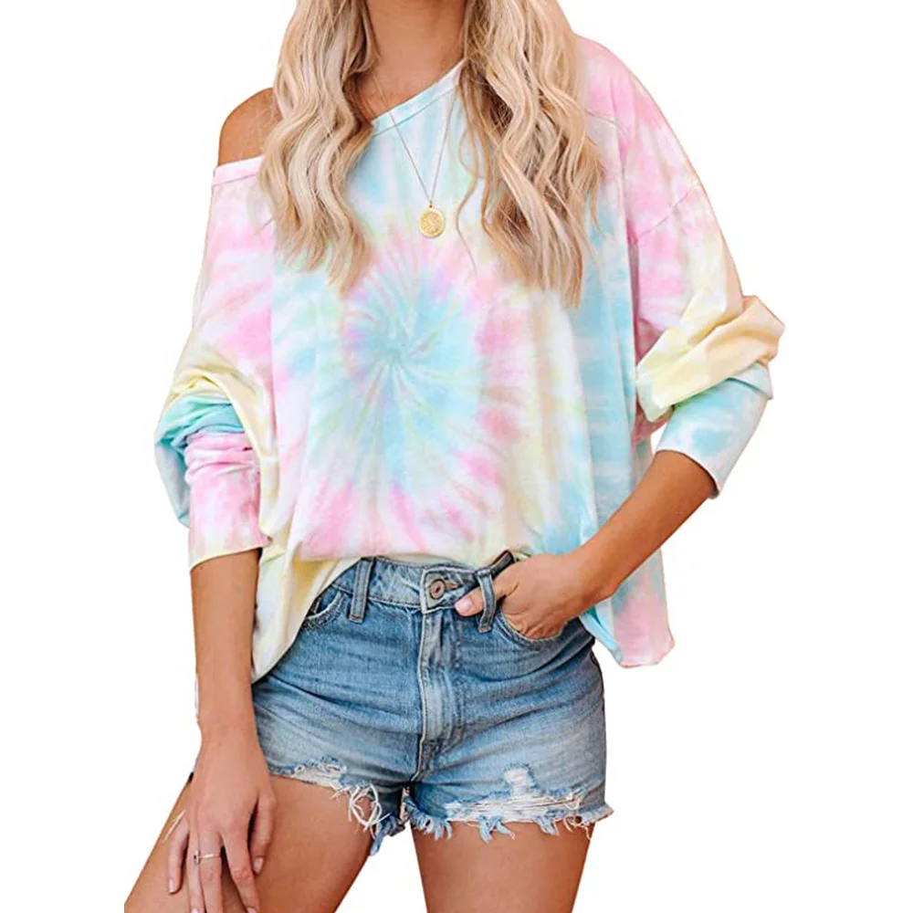 

2020 fashion tie dyed blouse with gradient printing long sleeve round neck casual T-shirt
