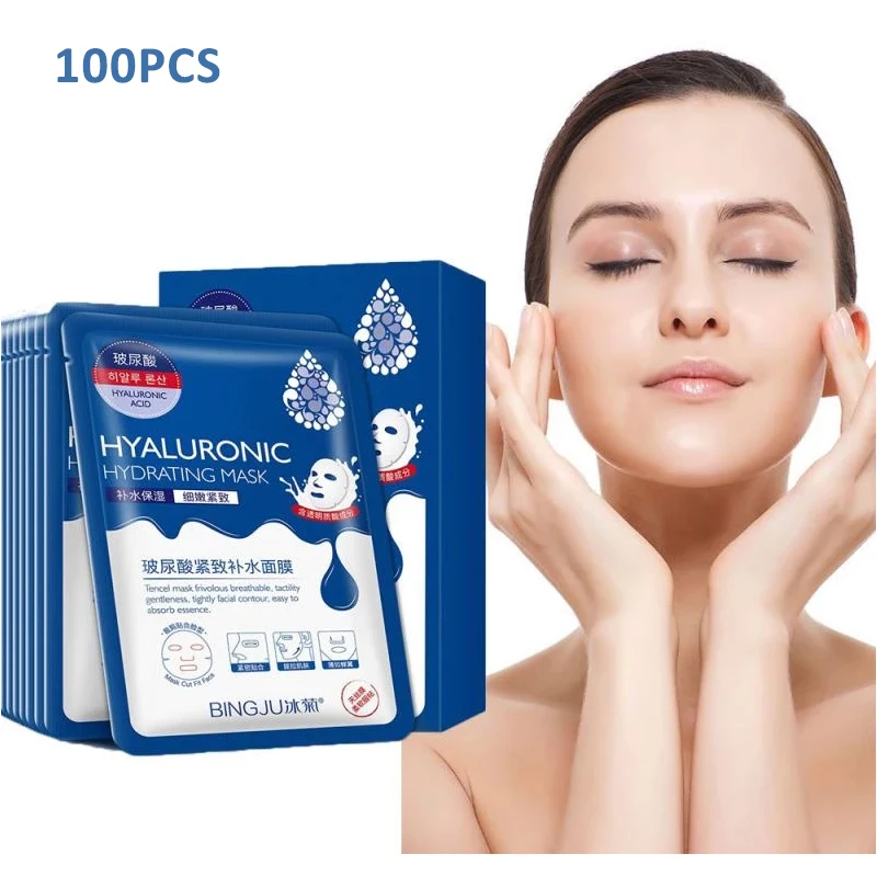 100PCS Hyaluronic Acid Facial Mask Sheet Pores Moisturizing Oil-Control Anti-Aging Whitening SkinCare Mask for face Wholesale