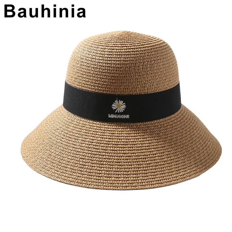

Bauhinia female summer sunshade big eaves small daisy straw hat seaside vacation beach wild travel dome cover face sun hat