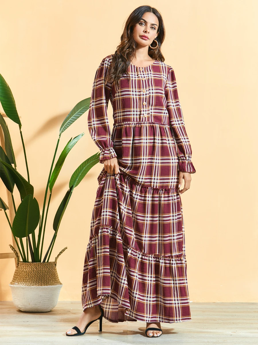 

Women's Kaftan Dress Fashion O Neck Long Sleeve Single Breasted Maxi Dress DR619