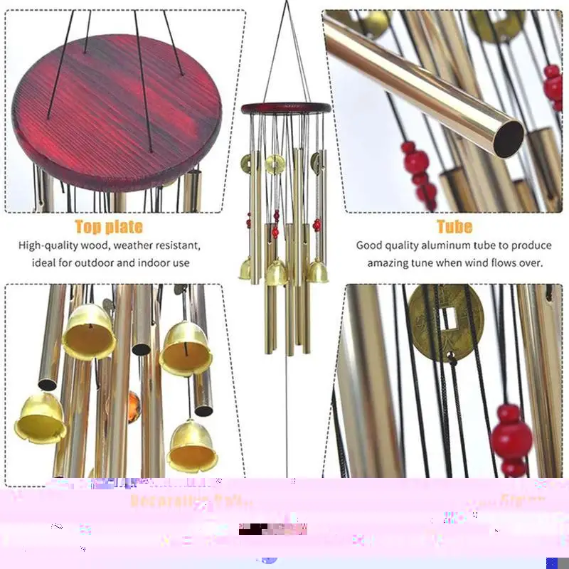 Chinese Traditional Wind Chime 6 Pipes 5 Bells and Bronze Windchime Wood Base for Outdoor Patio Garden Home Decor | Дом и сад