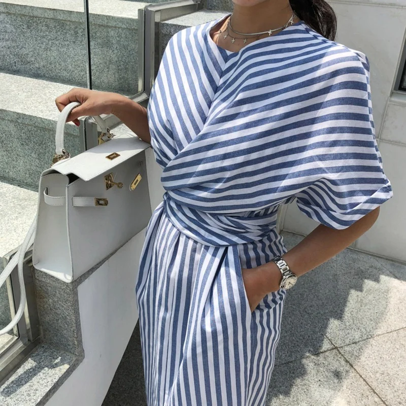 

2021 Sprig and Summer New Fashion Striped Cross Bandage Dress Cotton Blue Split Bodycon Plus Size New Robe Vestidos Femme Dress
