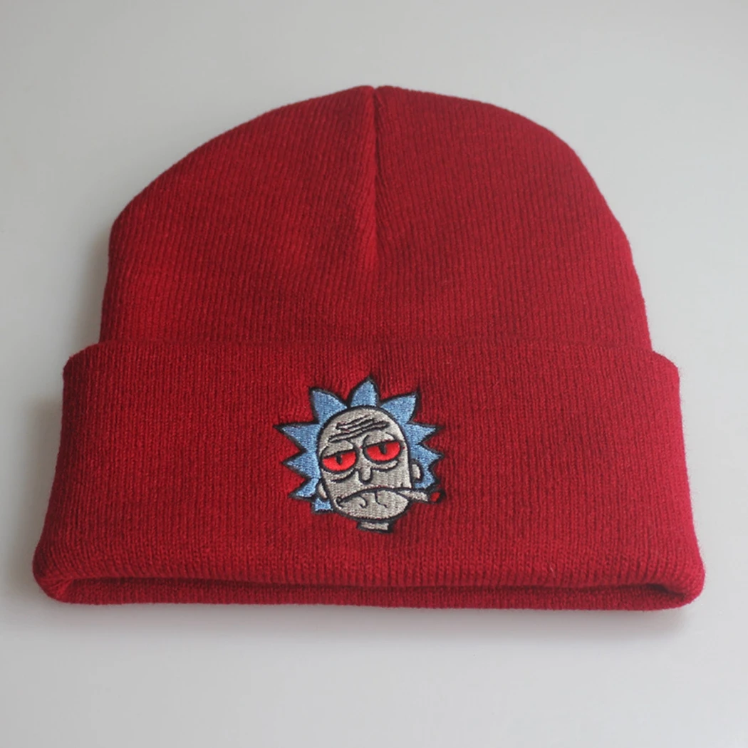 Зимняя теплая шапка унисекс шапки Вязаные Лыжные Skullies эластичный модный бренд анимация Рик и Морти Crazy Rick вязанные шапочки с вышивкой