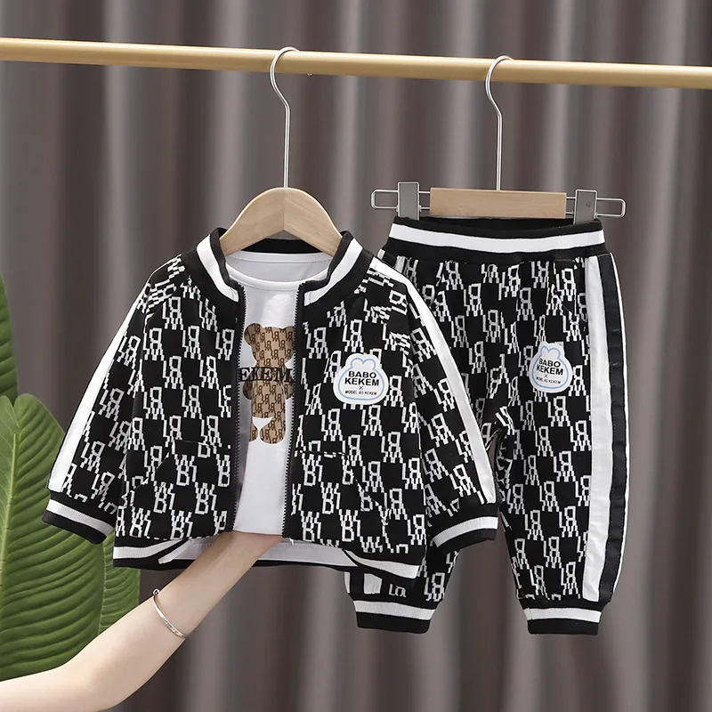 

3Pcs Children Clothes Sets Spring Autumn New Baby Boys Handsome Printing Jacket+Pants+Cartoon T-shirt Toddler Girls Clothes