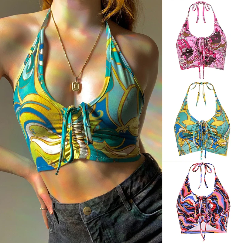 

Women Backless Vest Pleated Drawstring Camisole Printing Lacing Crop Tops Deep V Neck Sleeveless Shirt Girls Sexy Summer Tops
