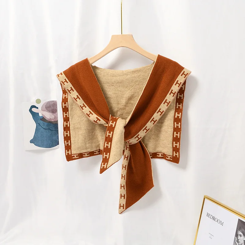 

Women's Knitted Shawl Wool Fake Two-piece Pashmina Neck Scarf Decoration Warm Wraps Long sleeve Neckerchief for Office Ladies