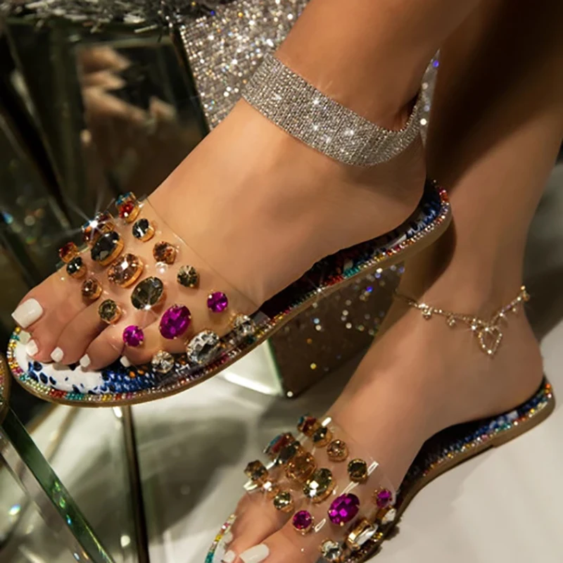 

Summer comfortable handmade flat-bottomed Women slippers Fashionable wild Roman rhinestones plus size outdoor slippers 35-43