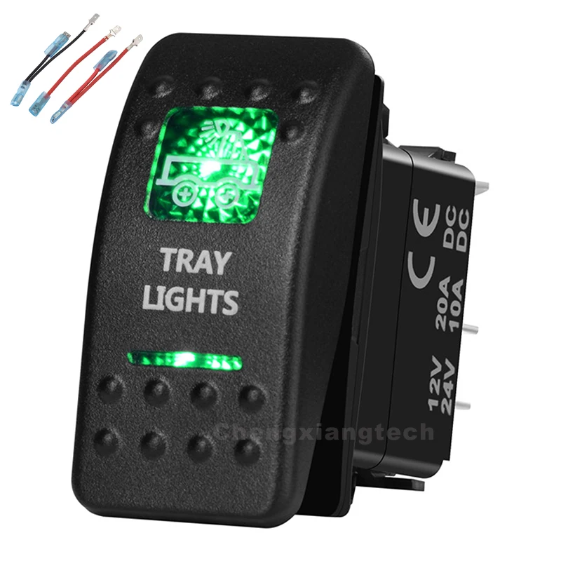 

Green Led Printed Rocker Switch Tray Lights 5P on-off SPST 12V/20A 24V/10A+Jumper Wires Set for Car Boat Waterproof