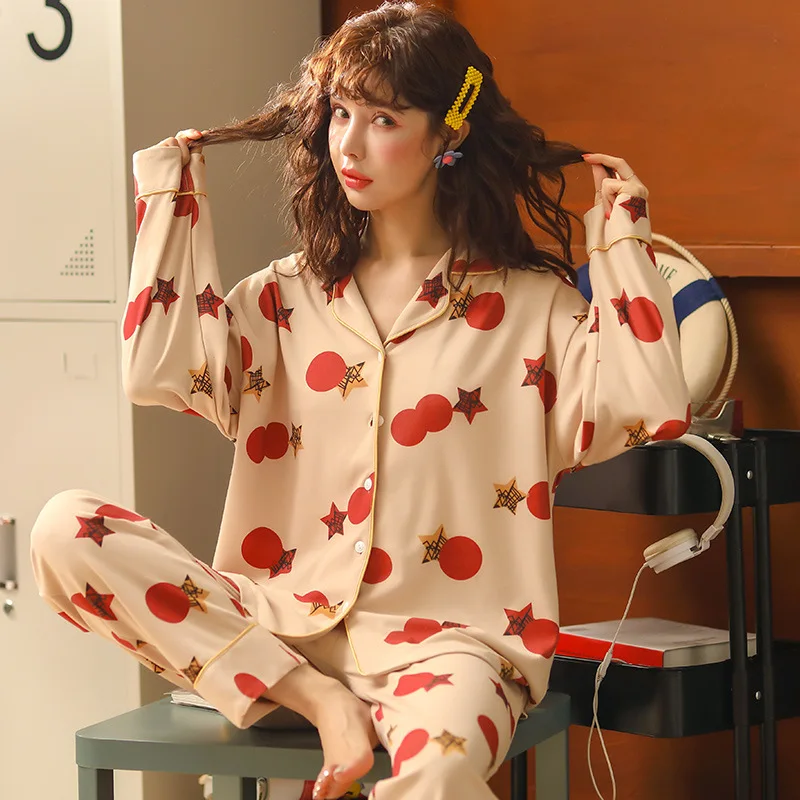 

Pyjamas Fruit Pattern Night Suit Cotton Home Wear Sexy Women Casual Nightwear Spring Pajamas Set Long Sleeve Women
