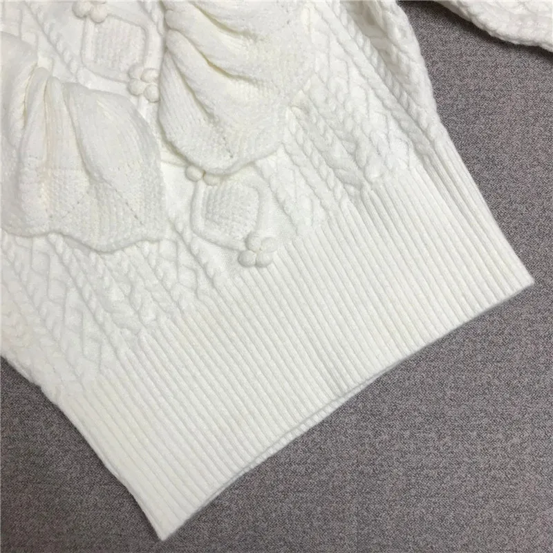 

Luxury Brand Designer Knitted Sweater for Women Causel Turtleneck Ruffles lantern Sleeve White Knitted Pullover